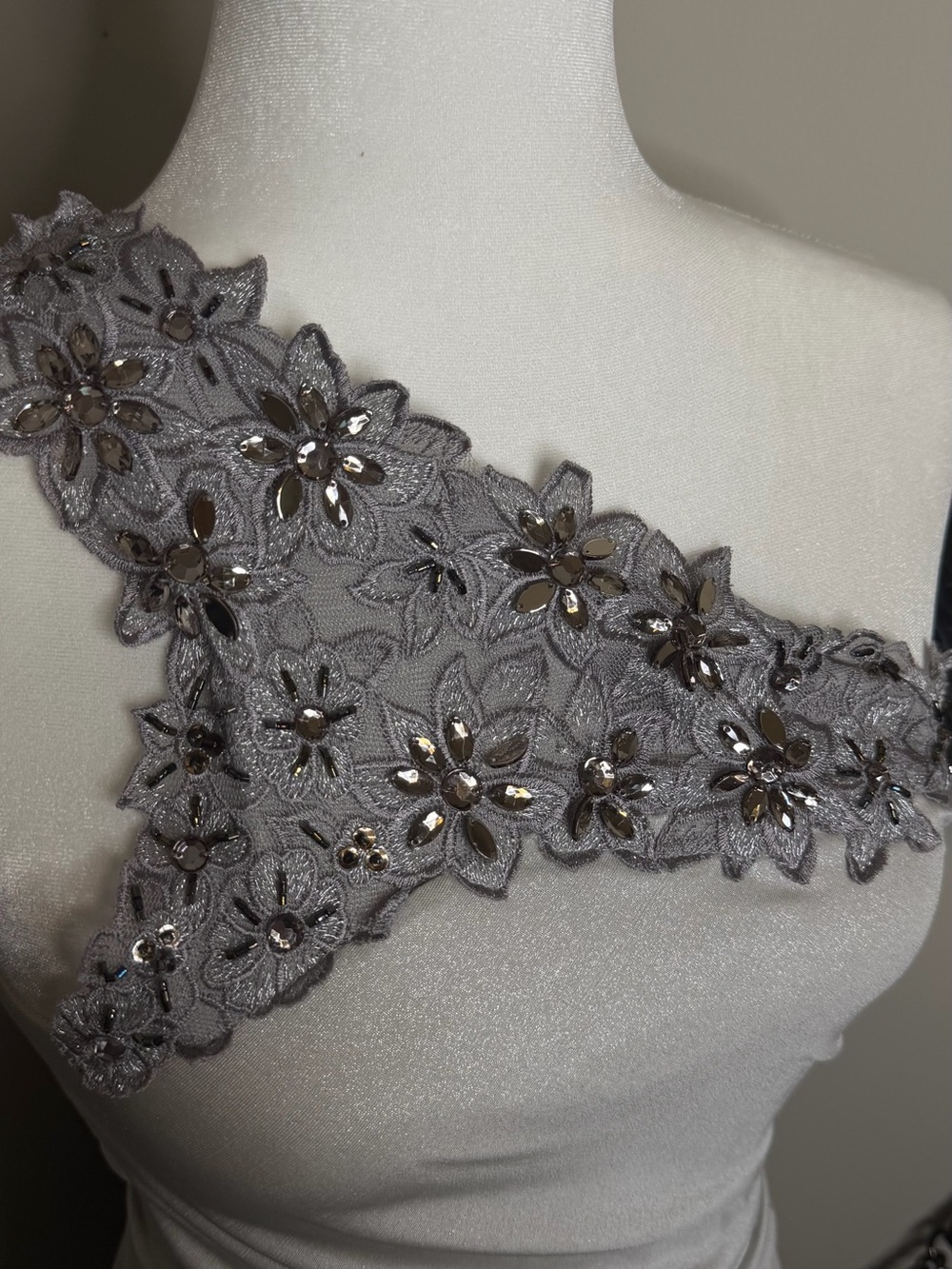 With Love, Jessica XX One Shoulder Embellished Lace Gown - Silver/Grey - Size 10